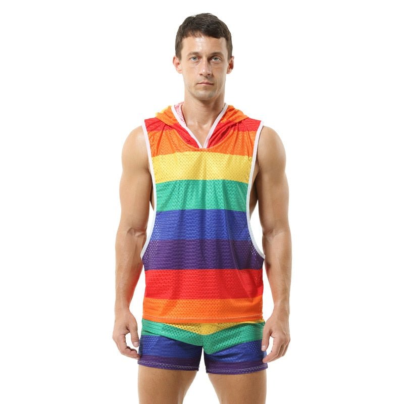 ORVLS Rainbow Mesh Hoodie Muscle Shirt + Shorts | dmunderwear