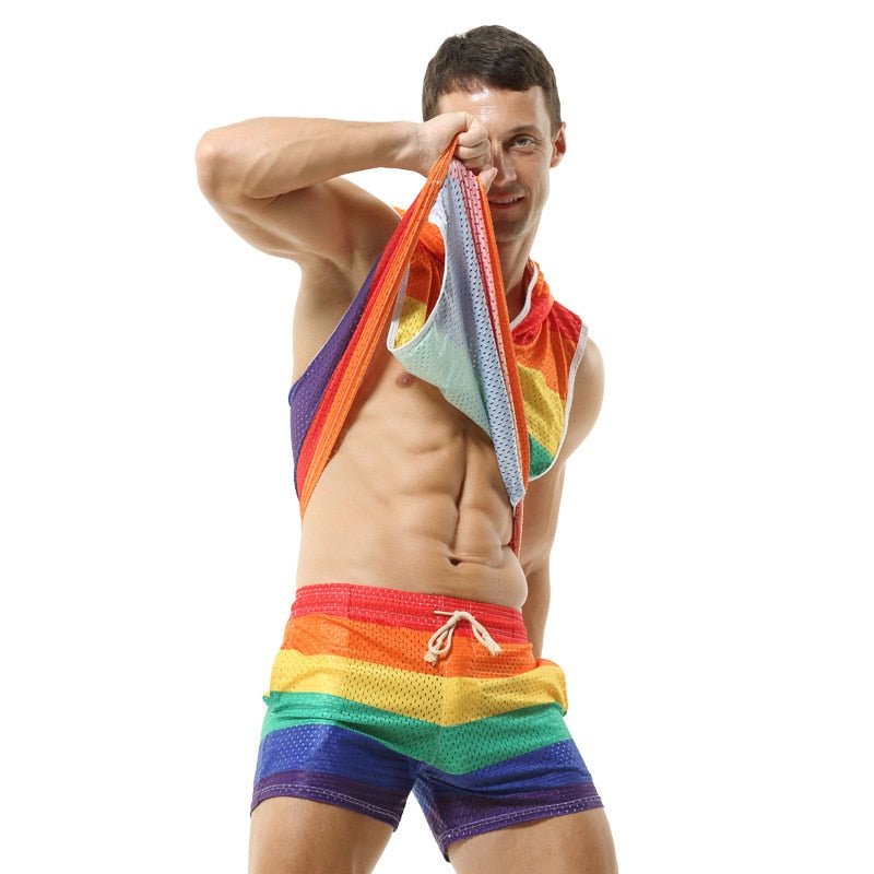 ORVLS Rainbow Mesh Hoodie Muscle Shirt + Shorts | dmunderwear detail image 3