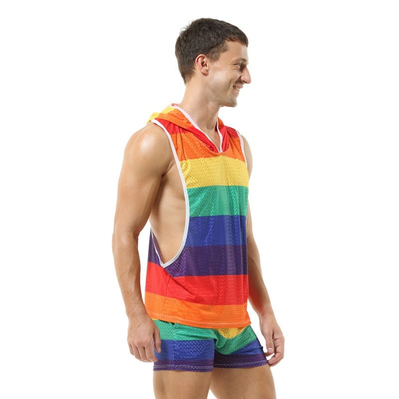 ORVLS Rainbow Mesh Hoodie Muscle Shirt + Shorts | dmunderwear detail image 4