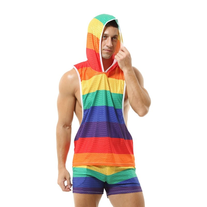 Rainbow Mesh Hoodie Muscle Shirt + Shorts | dmunderwear detail image 2