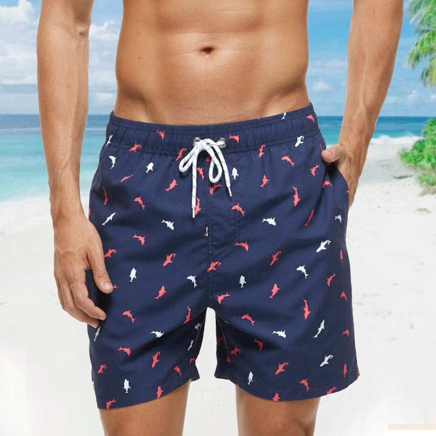 Red + White Fish Board Shorts | dmunderwear