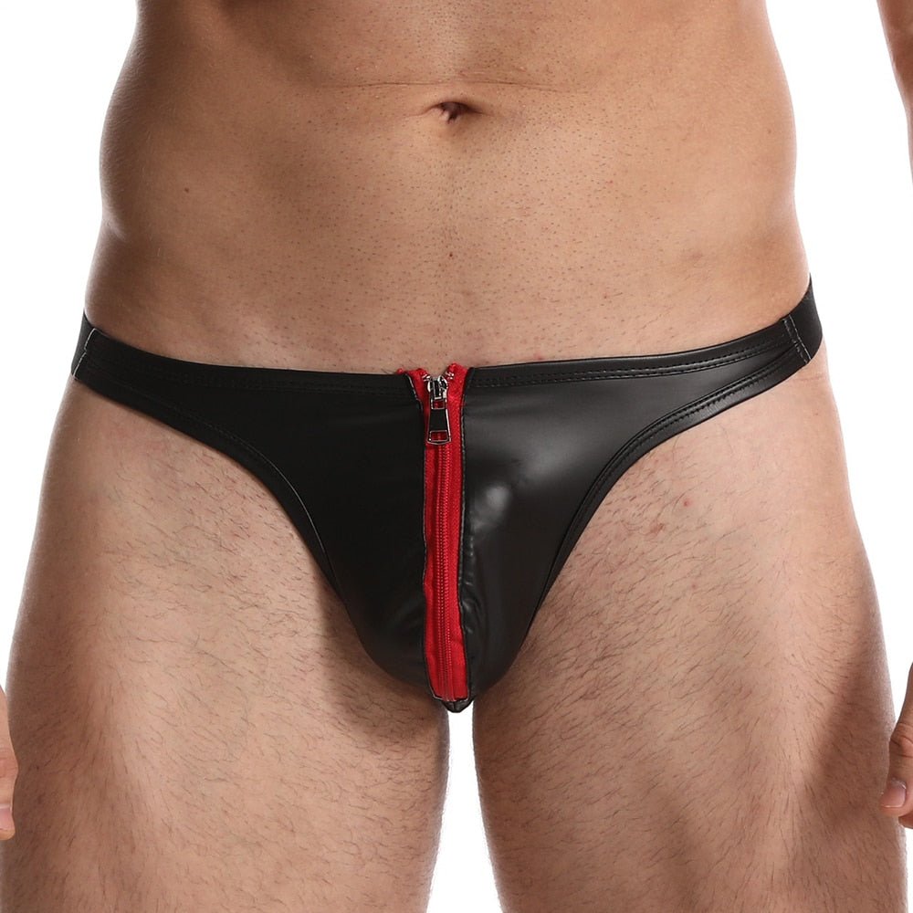Red Zip Under Faux Leather Thong | dmunderwear