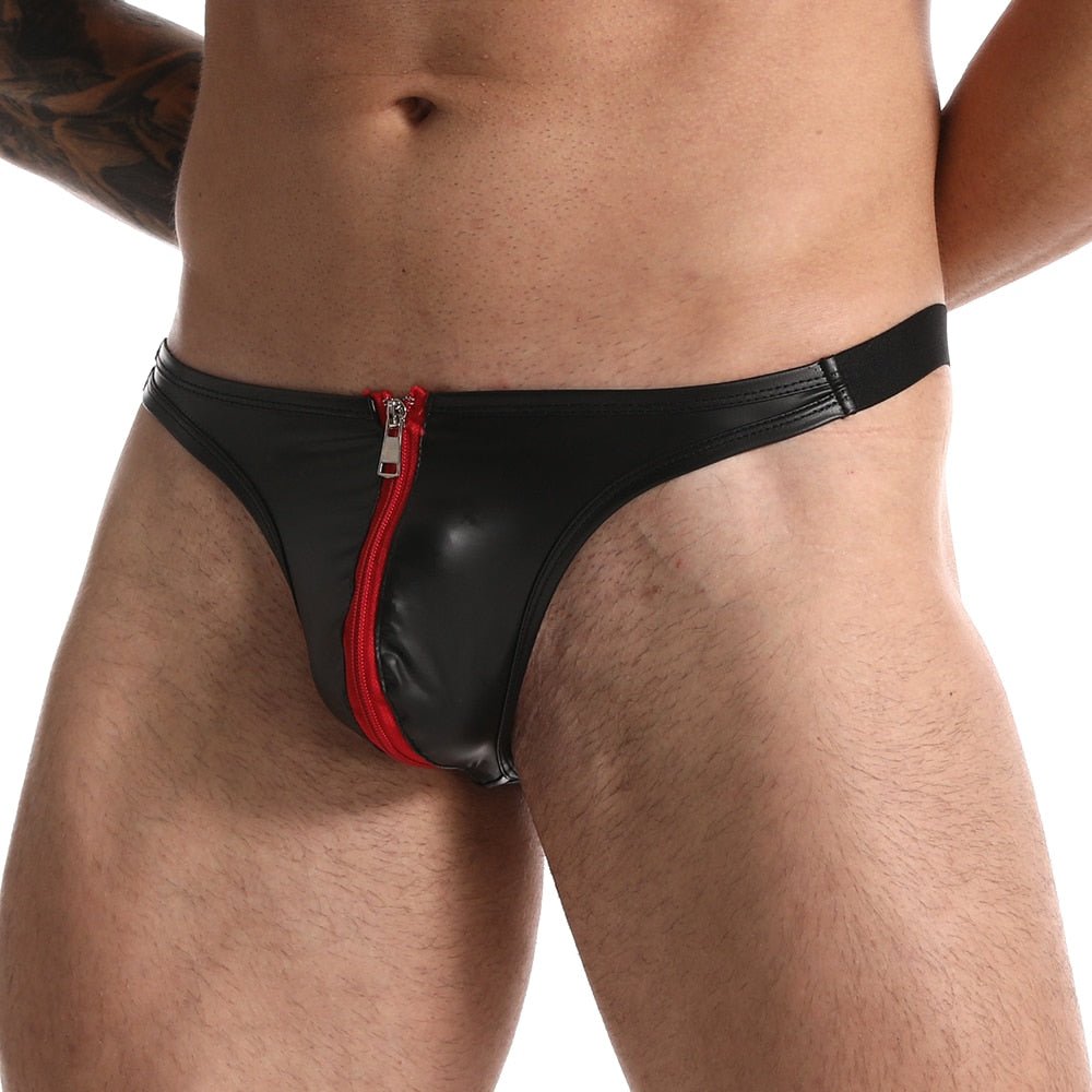 Red Zip Under Faux Leather Thong | dmunderwear detail image 2