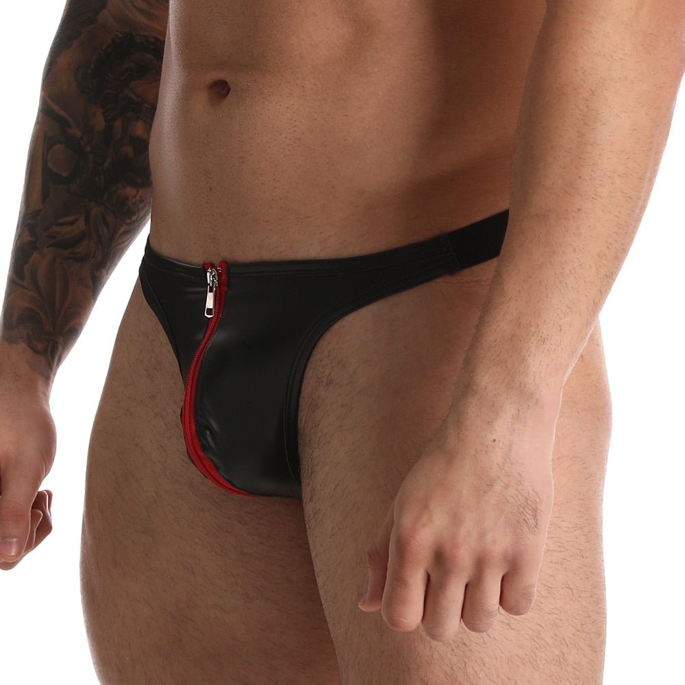 Red Zip Under Faux Leather Thong | dmunderwear detail image 3