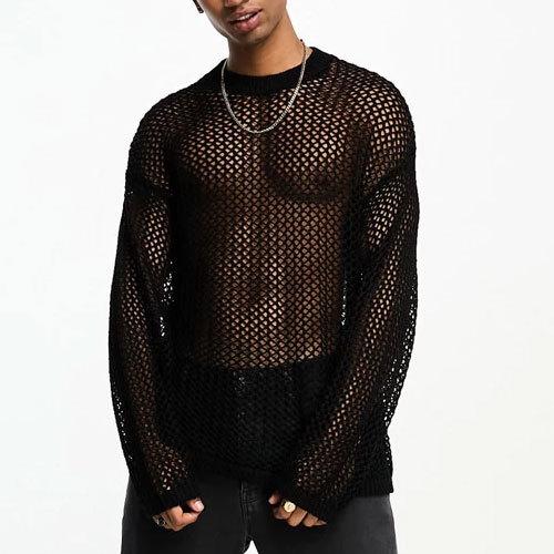 See through hollow out long sleeve crewneck solid top | dmunderwear
