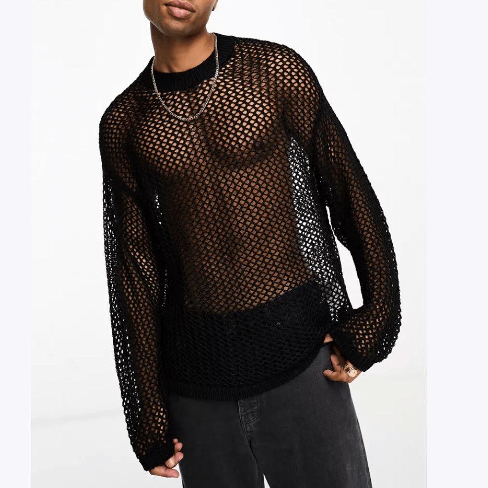 See through hollow out long sleeve crewneck solid top | dmunderwear detail image 3
