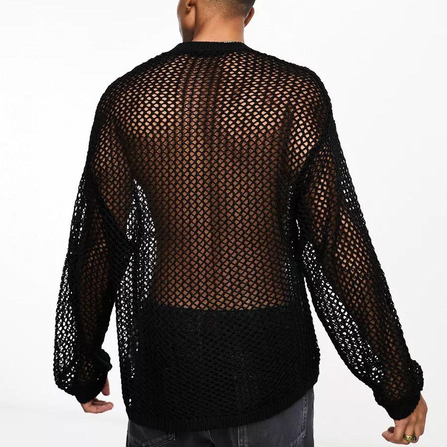 See through hollow out long sleeve crewneck solid top | dmunderwear detail image 4