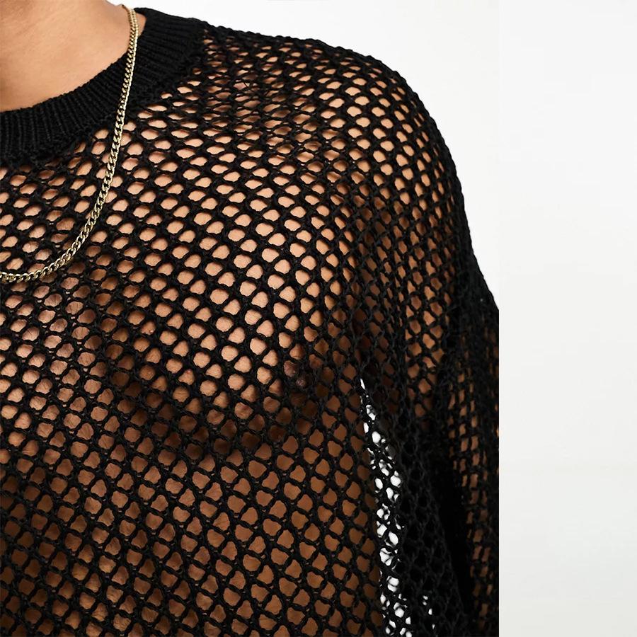 See through hollow out long sleeve crewneck solid top | dmunderwear detail image 5