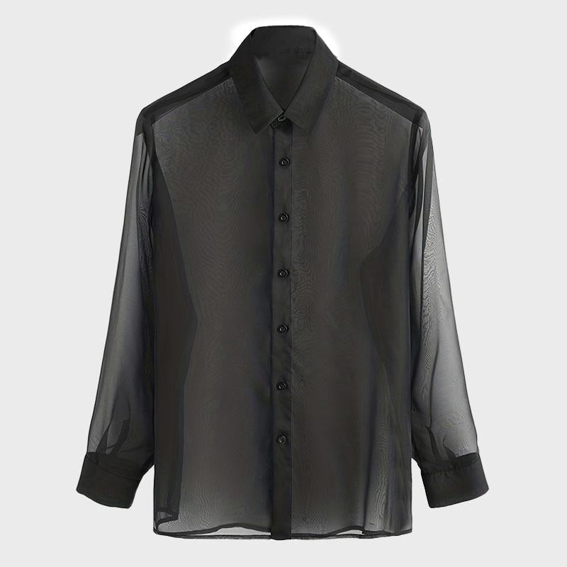 See through long sleeve button chiffon turnover collar top | dmunderwear variant image
