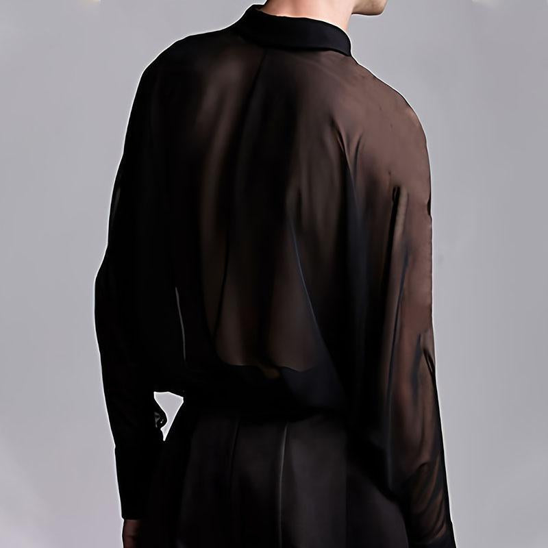 See through long sleeve button chiffon turnover collar top | dmunderwear detail image 3