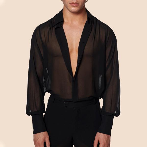 See through long sleeve patchwork button solid top | dmunderwear