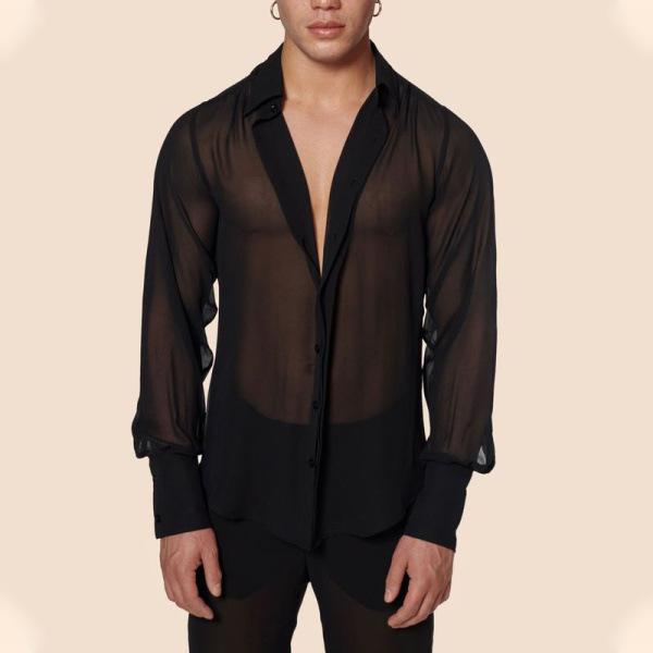See through long sleeve patchwork button solid top | dmunderwear detail image 3
