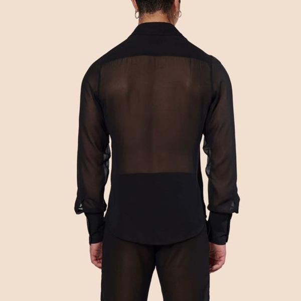 See through long sleeve patchwork button solid top | dmunderwear detail image 4