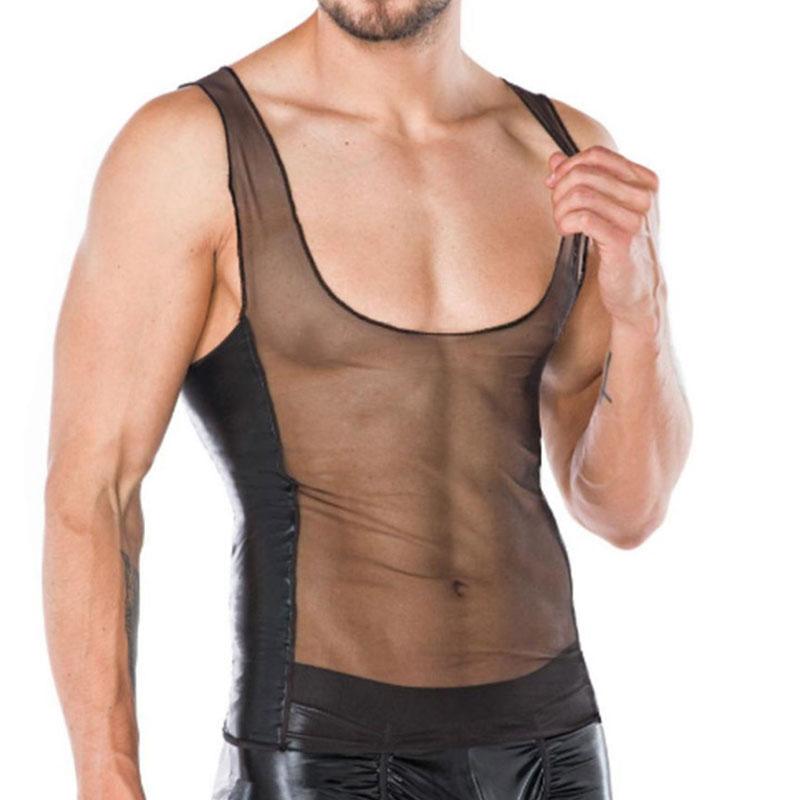 See through u neck patchwork sleeveless mesh cami top | dmunderwear