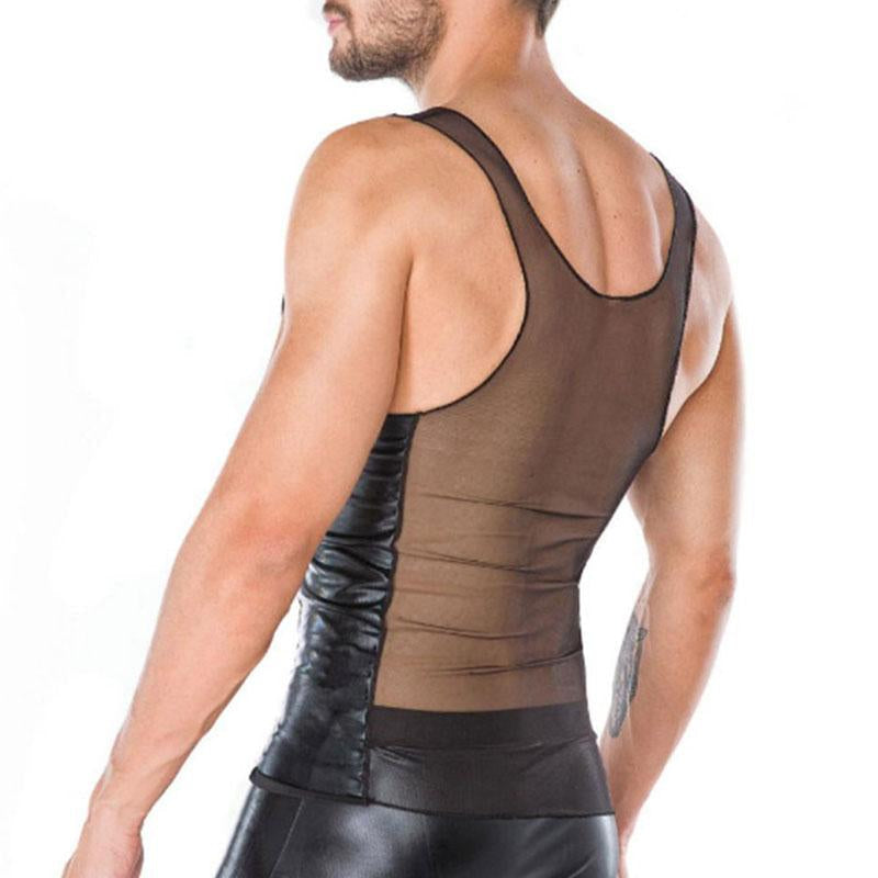 See through u neck patchwork sleeveless mesh cami top | dmunderwear detail image 2