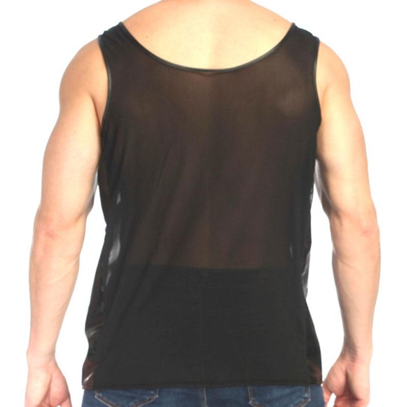 See through u neck patchwork sleeveless mesh cami top | dmunderwear detail image 3