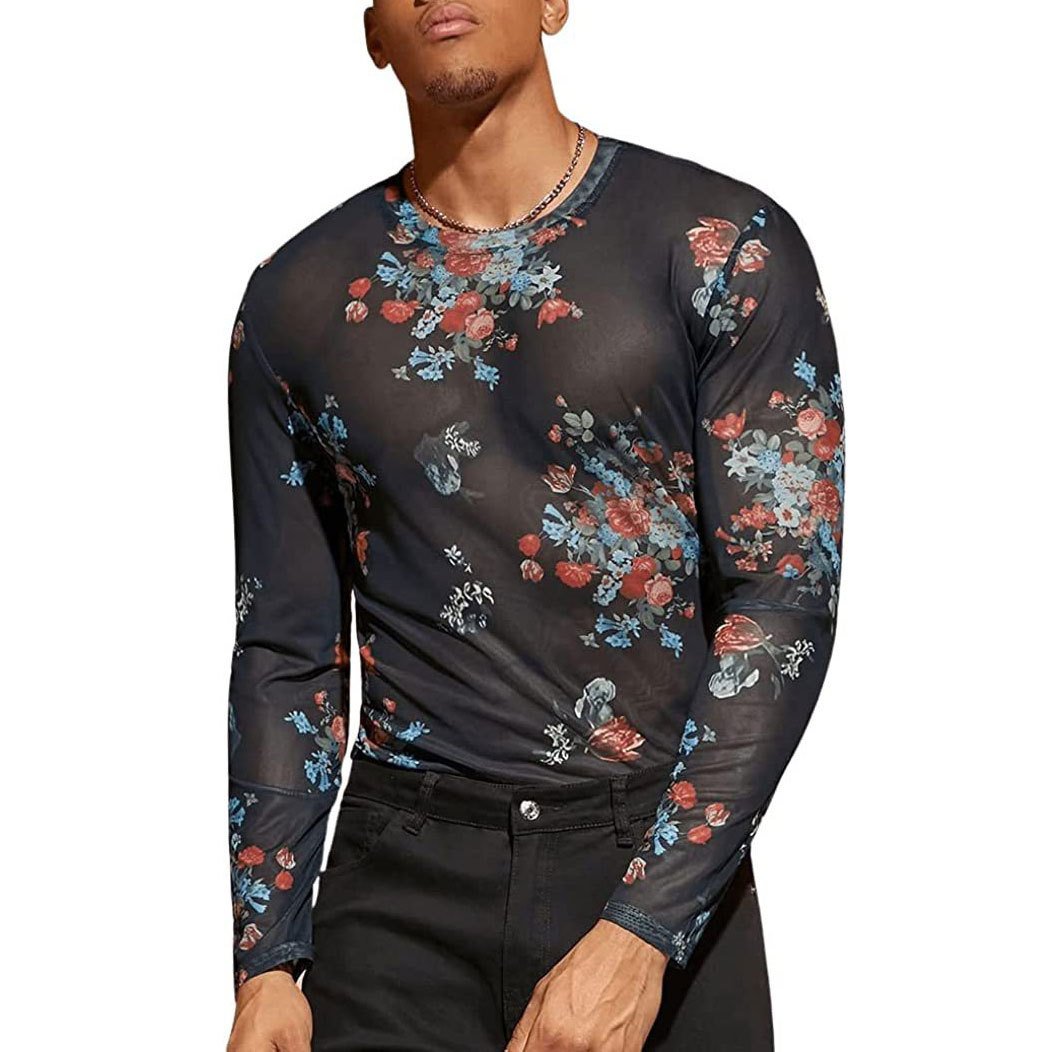 sheer mesh see through print long sleeve crewneck top | dmunderwear