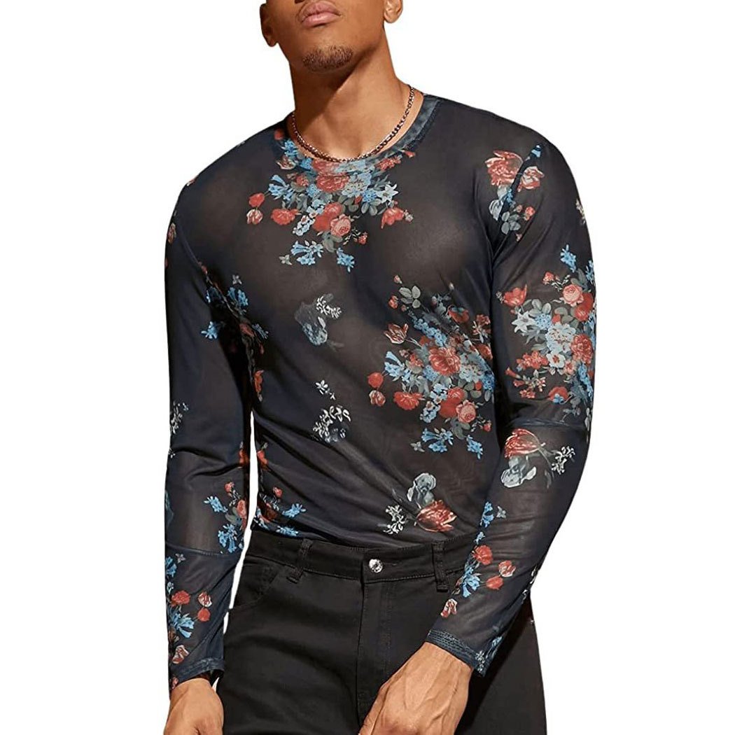 sheer mesh see through print long sleeve crewneck top | dmunderwear variant image