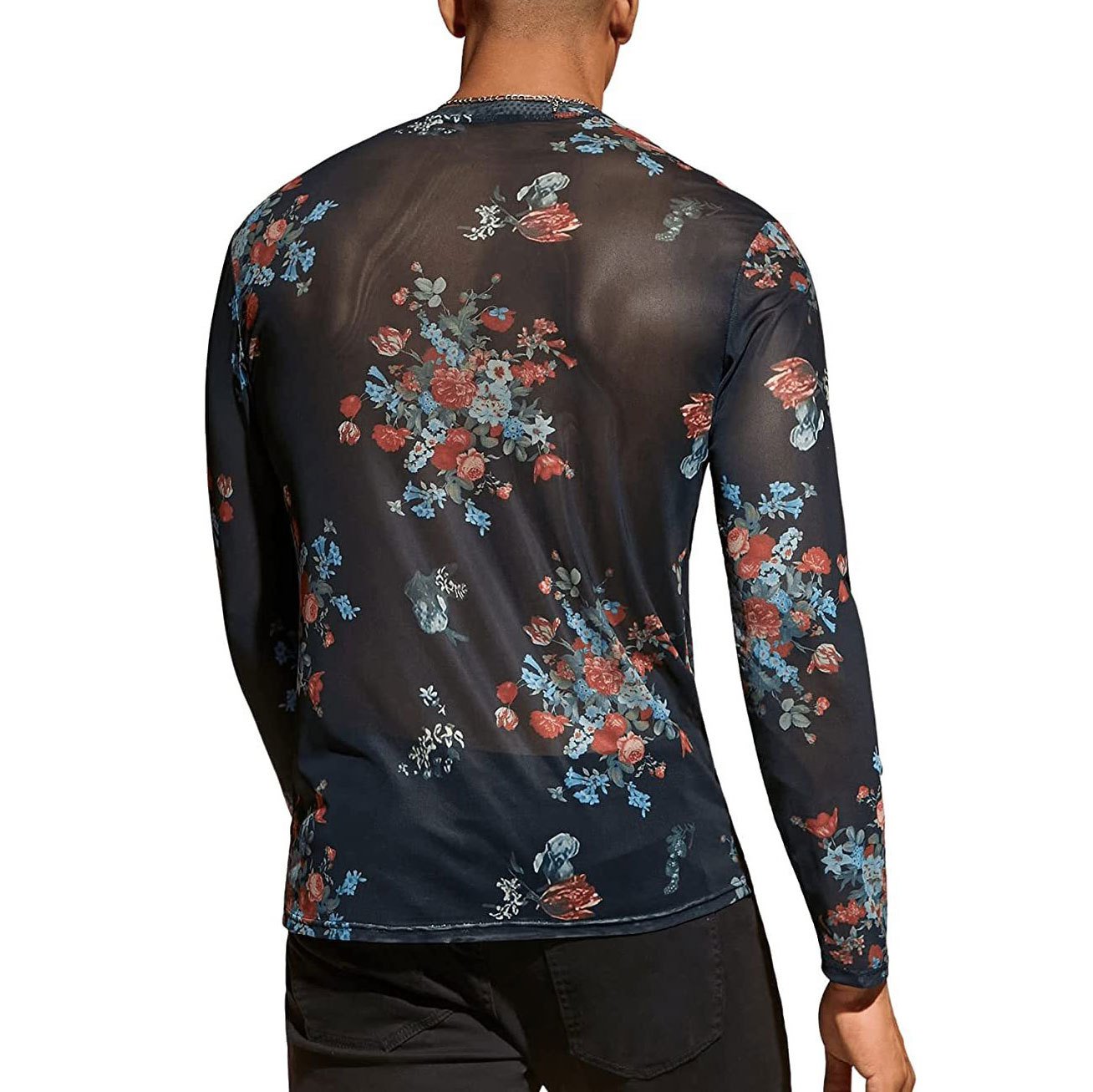 sheer mesh see through print long sleeve crewneck top | dmunderwear detail image 3