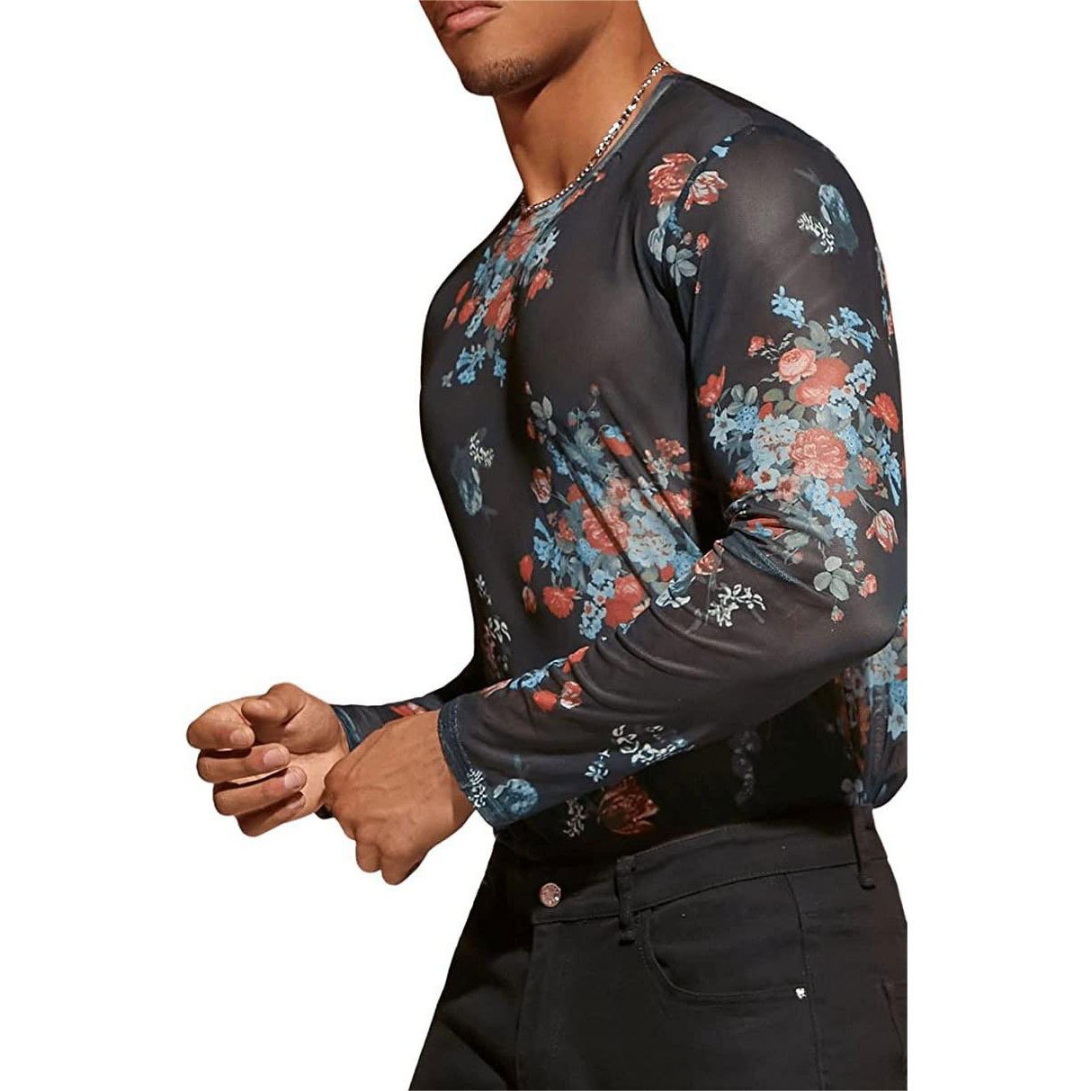 sheer mesh see through print long sleeve crewneck top | dmunderwear detail image 4