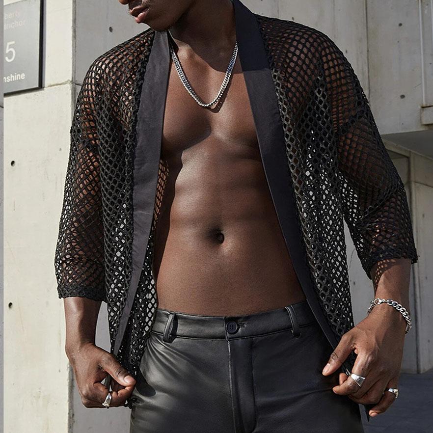 Shrug hollow out patchwork mesh long sleeve top | dmunderwear
