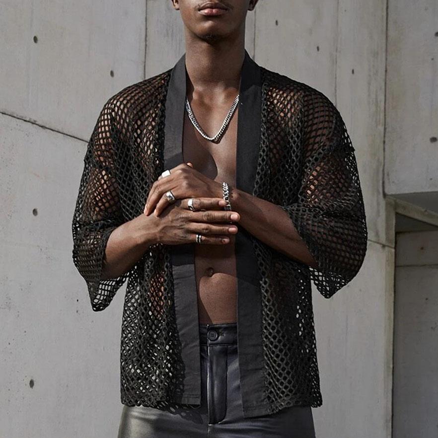Shrug hollow out patchwork mesh long sleeve top | dmunderwear detail image 3