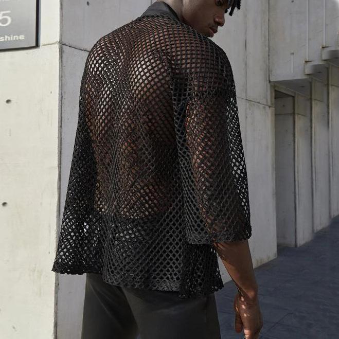 Shrug hollow out patchwork mesh long sleeve top | dmunderwear detail image 4
