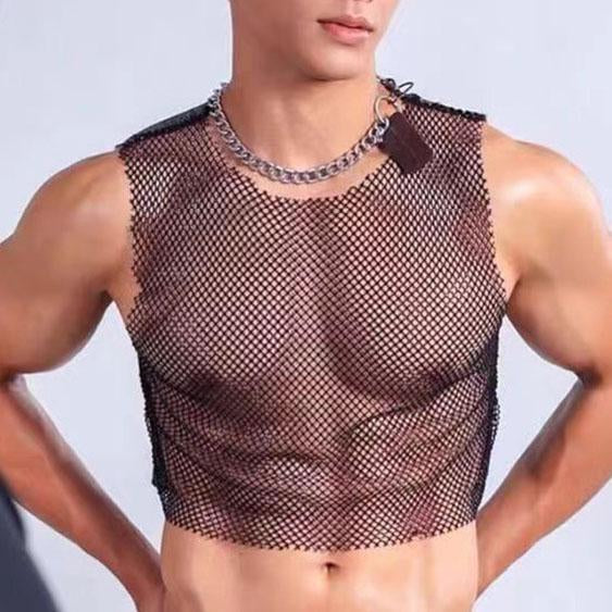Sleeveless crewneck hollow out see through fishnet top | dmunderwear