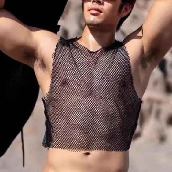 Sleeveless crewneck hollow out see through fishnet top | dmunderwear detail image 3