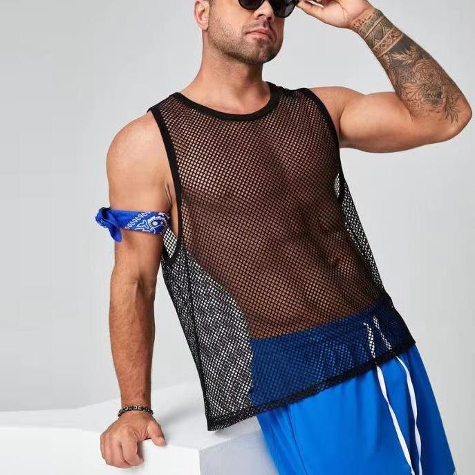 Sleeveless crewneck hollow out see through solid top | dmunderwear