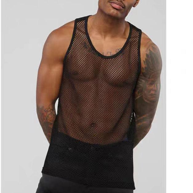 Sleeveless crewneck hollow out see through solid top | dmunderwear detail image 3