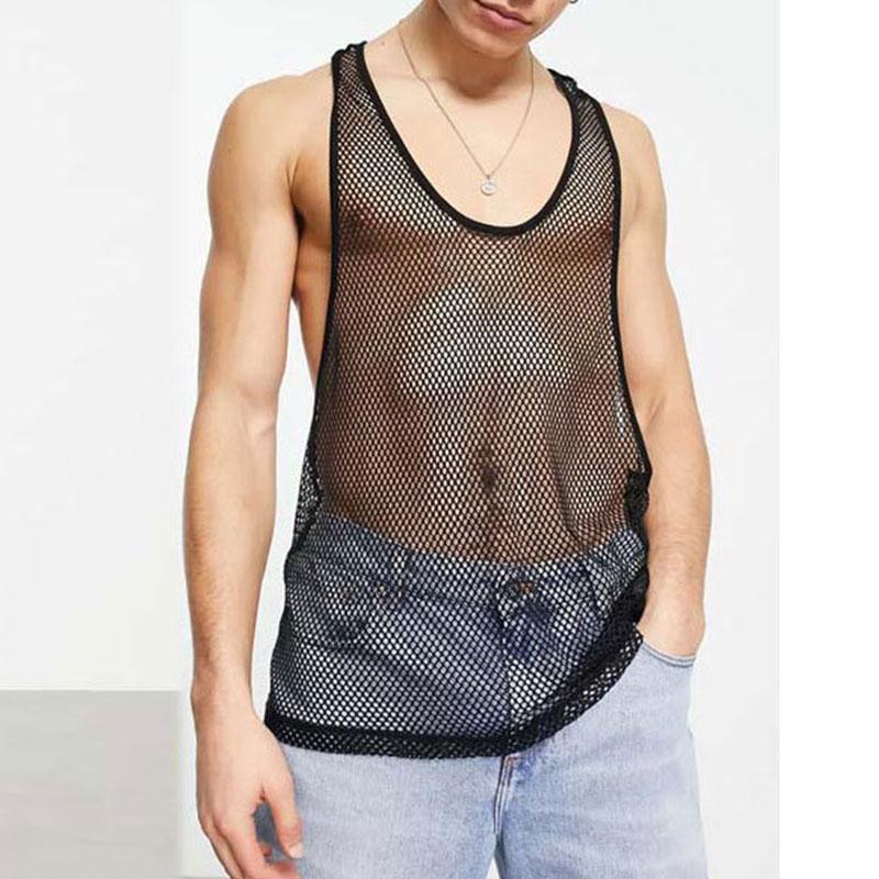 Sleeveless crewneck hollow out see through solid top | dmunderwear detail image 4
