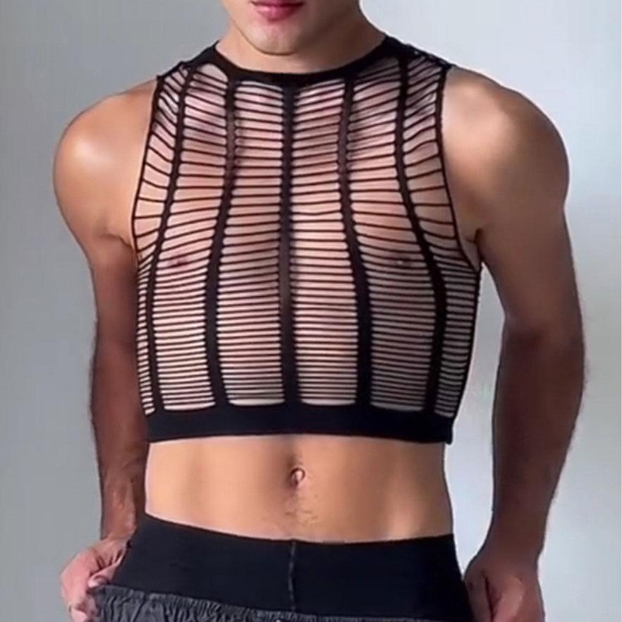 sleeveless crewneck see through hollow out crop top | dmunderwear