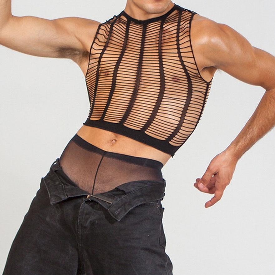 sleeveless crewneck see through hollow out crop top | dmunderwear detail image 2
