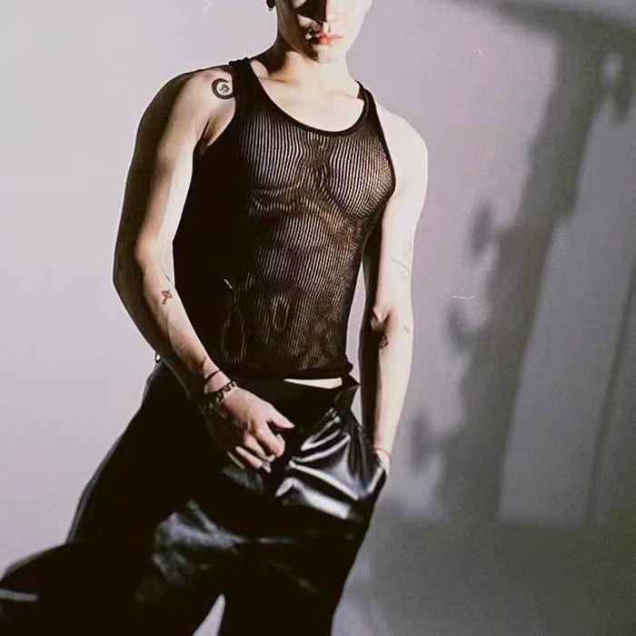 Sleeveless hollow out see through u neck cami top | dmunderwear