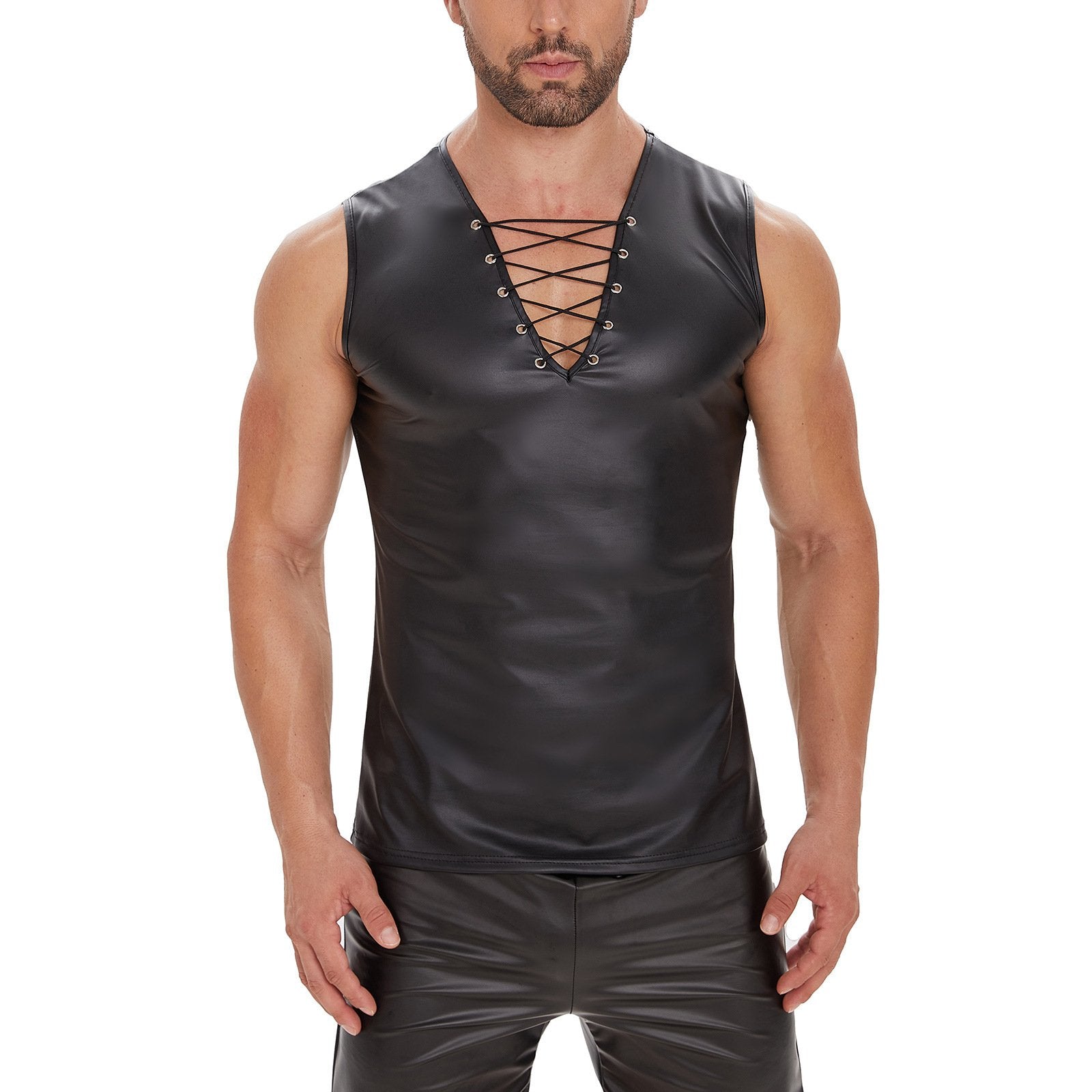 Sleeveless v neck PU leather solid lace up top | dmunderwear