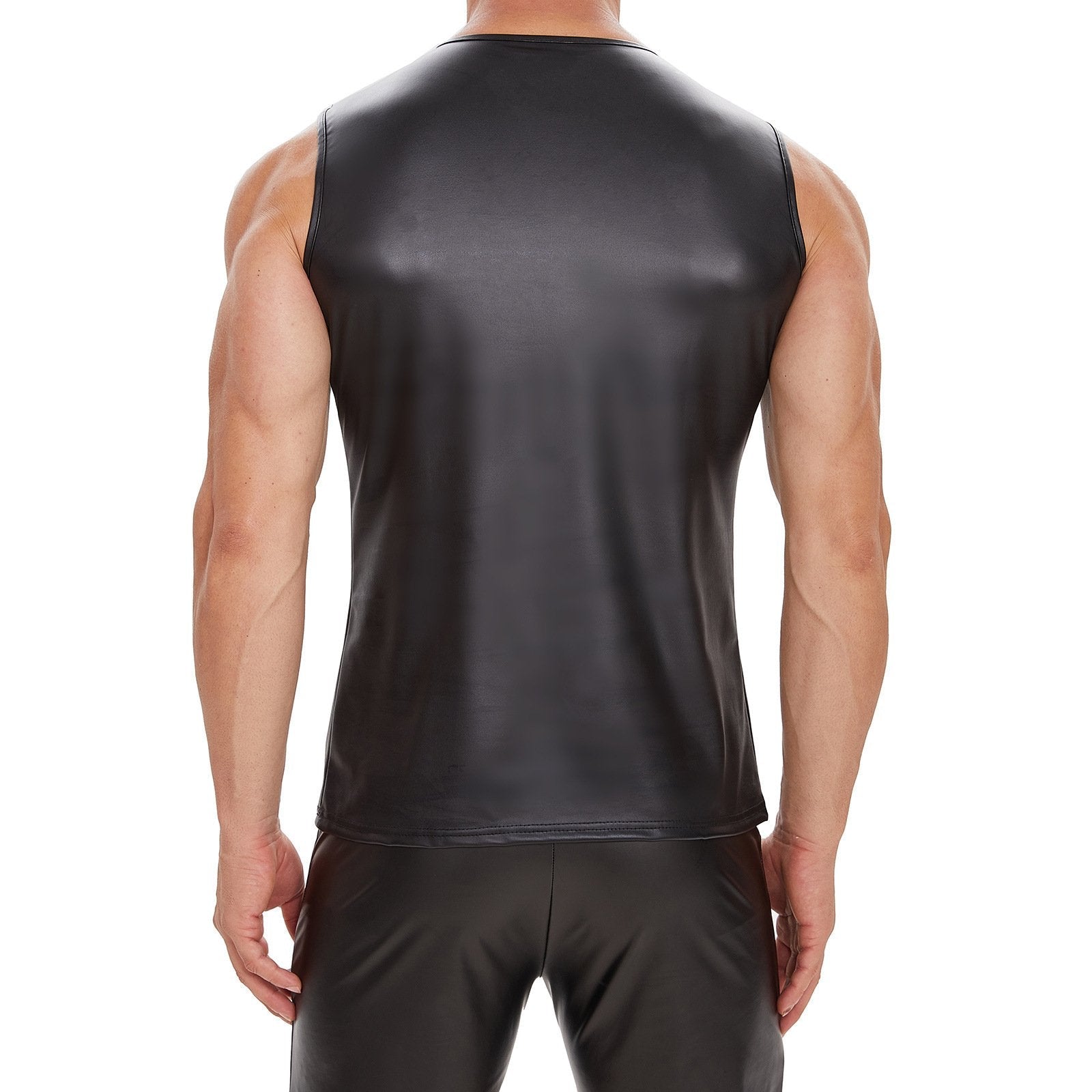Sleeveless v neck PU leather solid lace up top | dmunderwear detail image 2