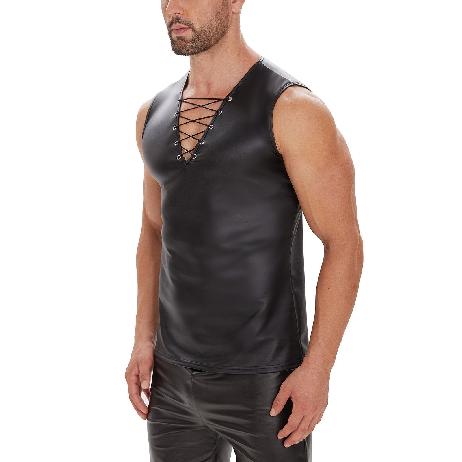 Sleeveless v neck PU leather solid lace up top | dmunderwear detail image 3
