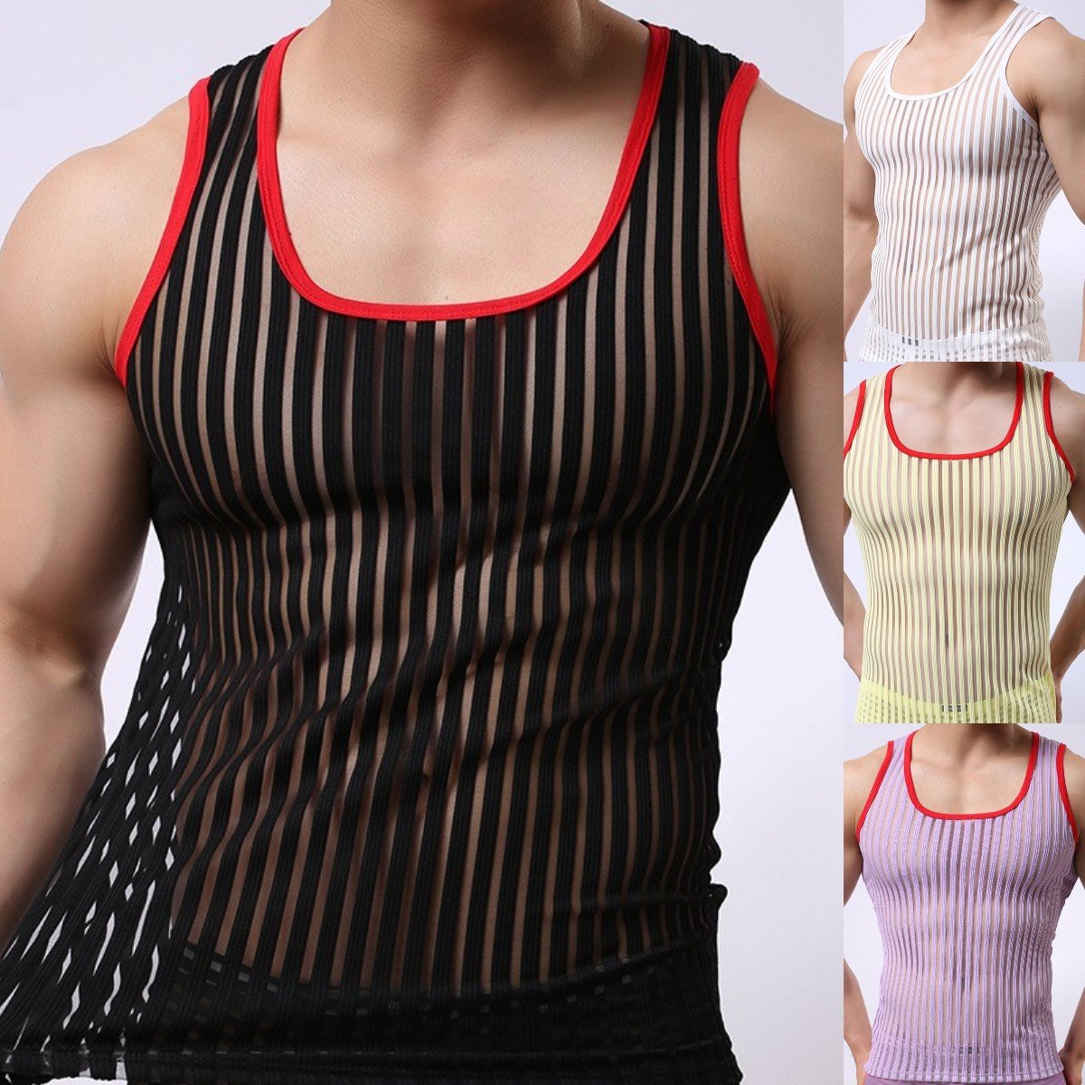 Striped see through mesh u neck contrast sleeveless top | dmunderwear