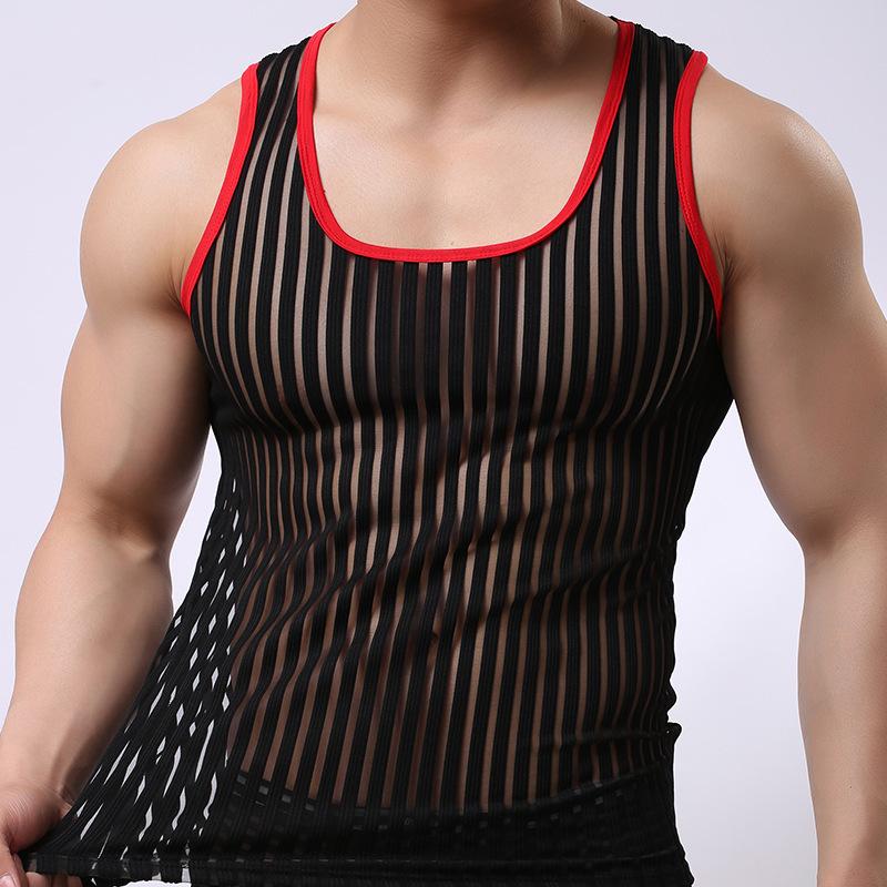 Striped see through mesh u neck contrast sleeveless top | dmunderwear variant image