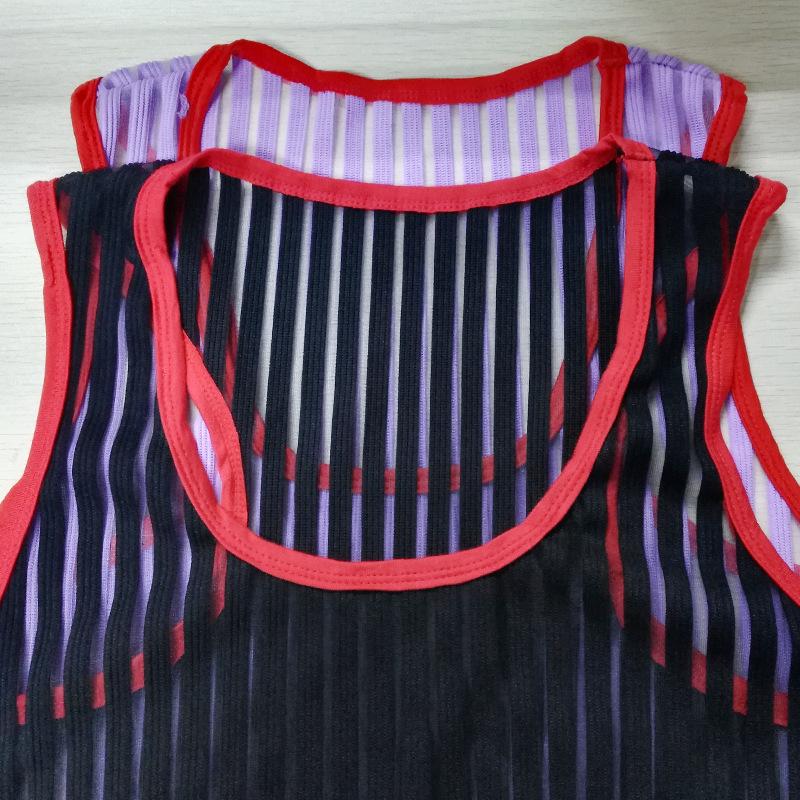 Striped see through mesh u neck contrast sleeveless top | dmunderwear detail image 8