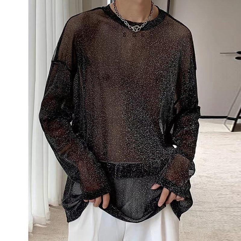 Textured see through long sleeve crewneck sheer mesh top | dmunderwear