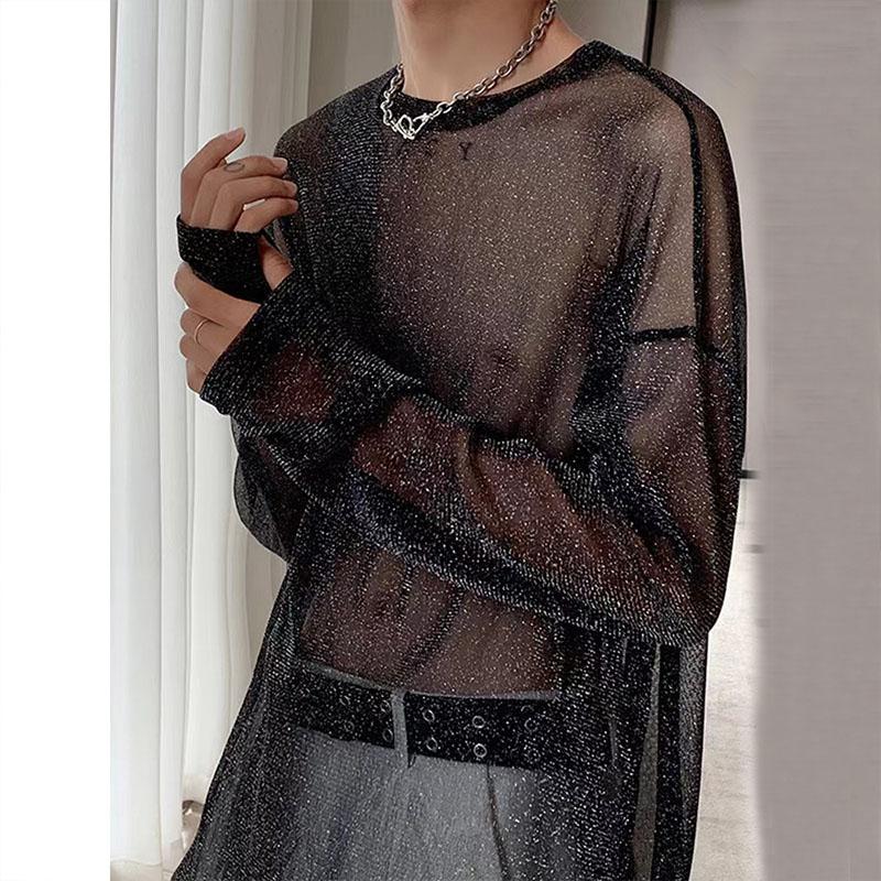 Textured see through long sleeve crewneck sheer mesh top | dmunderwear detail image 3
