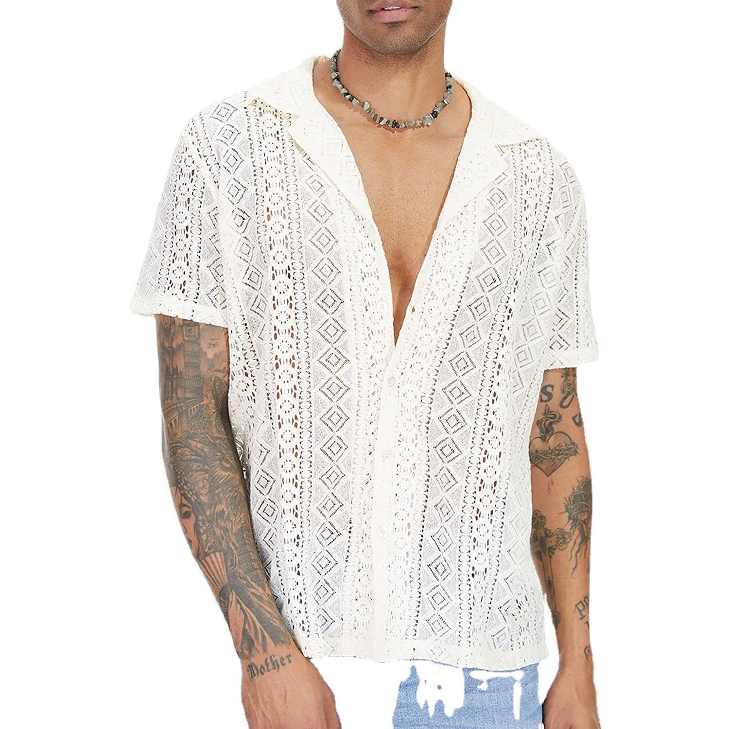 Turnover collar hollow out short sleeve lace hem solid top | dmunderwear variant image