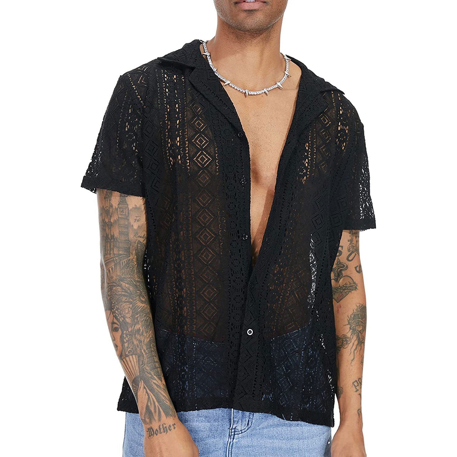 Turnover collar hollow out short sleeve lace hem solid top | dmunderwear detail image 8
