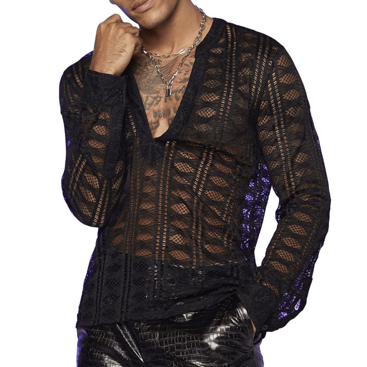 V neck hollow out long sleeve mesh see through solid top | dmunderwear