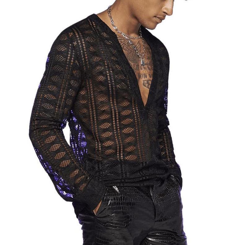 V neck hollow out long sleeve mesh see through solid top | dmunderwear detail image 3