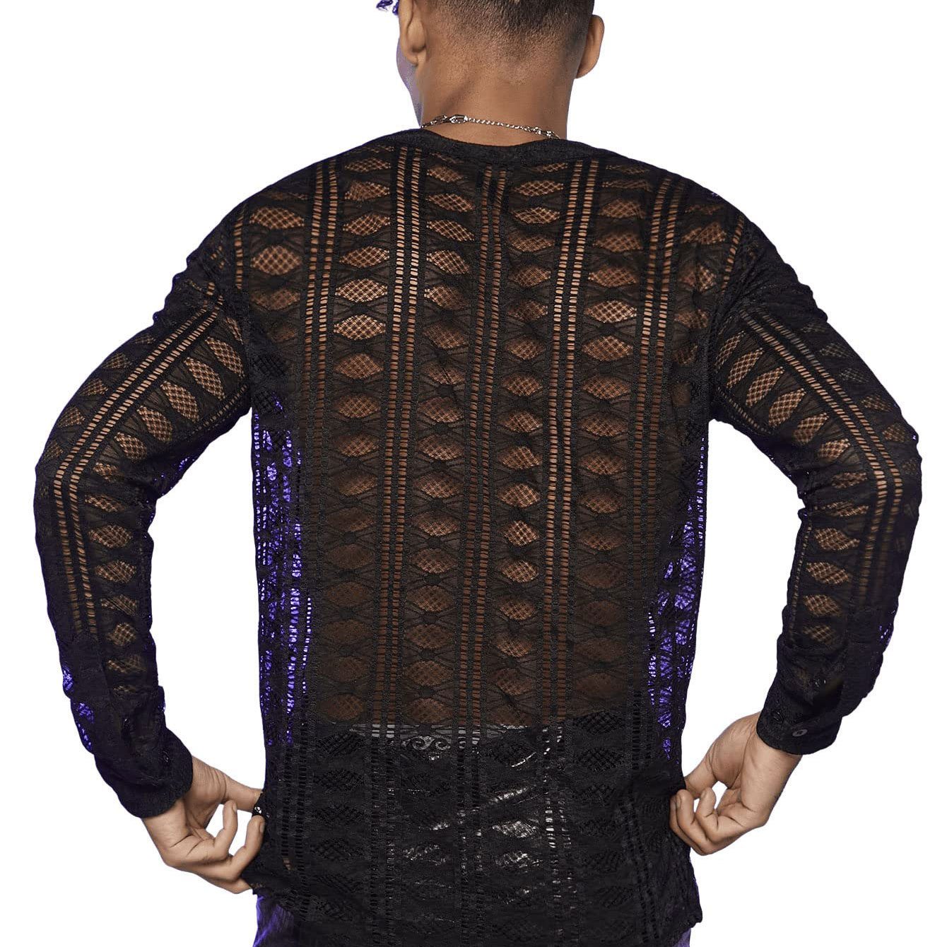 V neck hollow out long sleeve mesh see through solid top | dmunderwear detail image 4