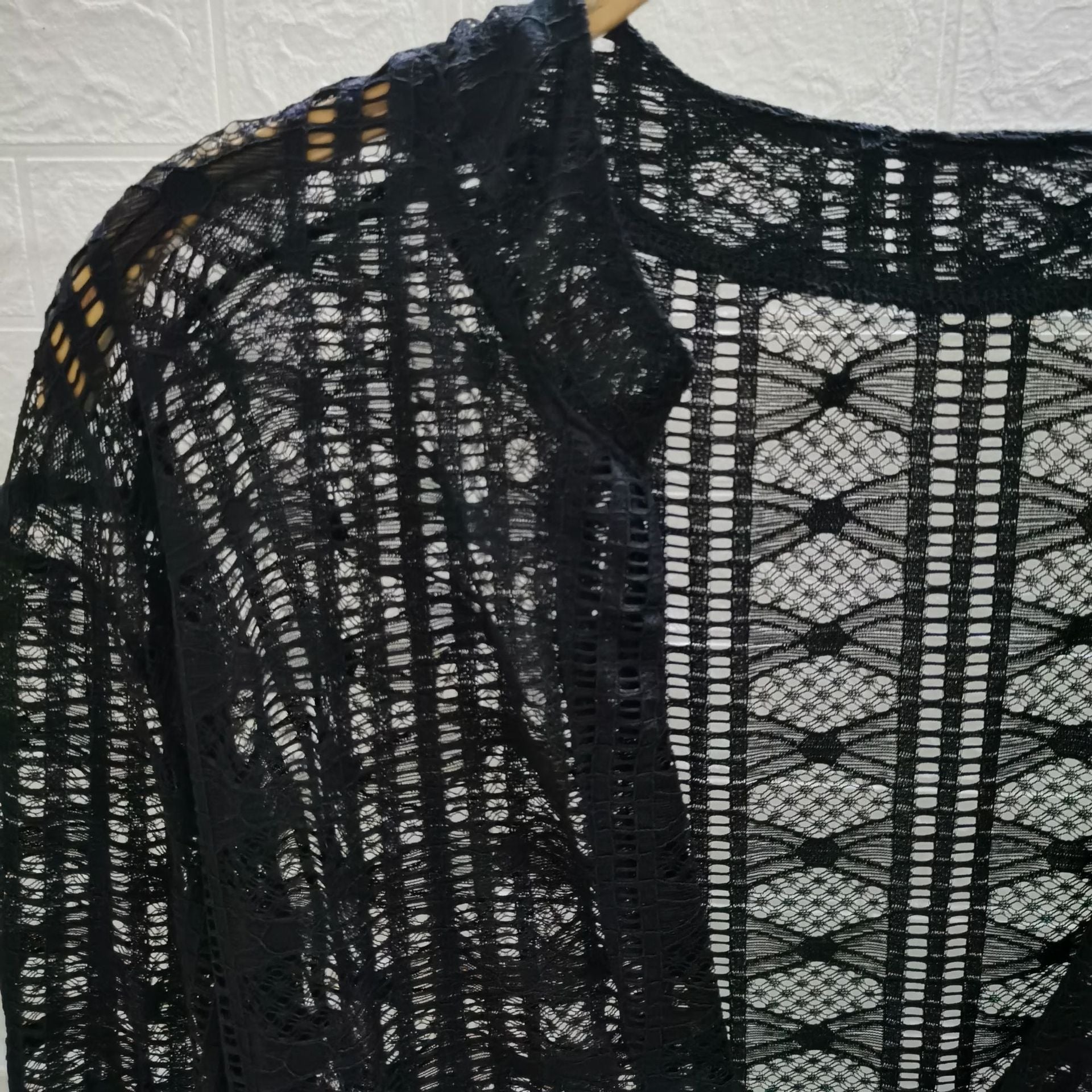 V neck hollow out long sleeve mesh see through solid top | dmunderwear detail image 7