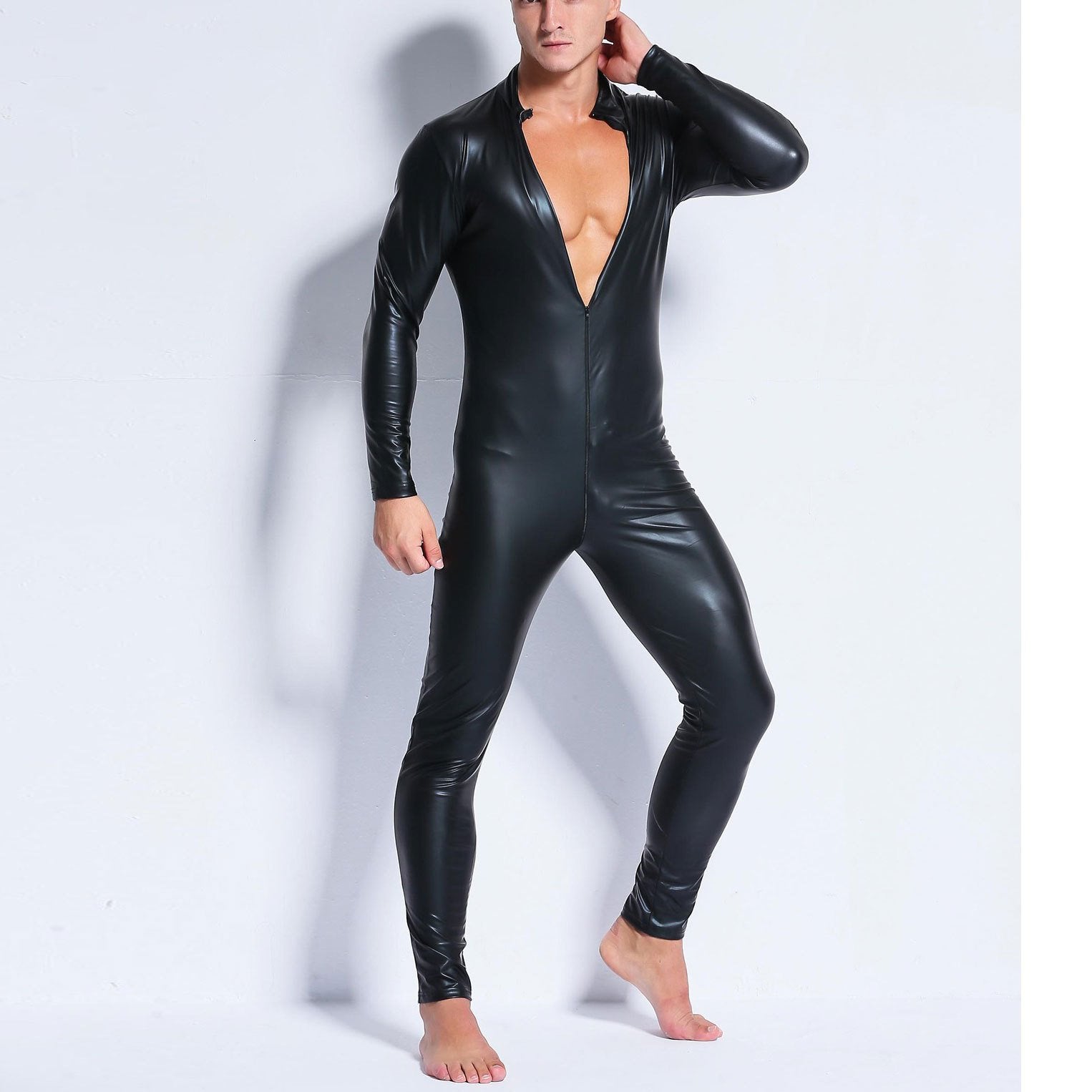 Zip-up long sleeve crewneck metallic solid jumpsuit | dmunderwear